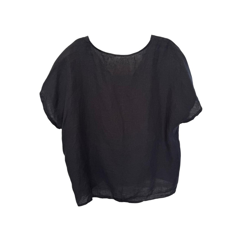 Nichole Miller Black 100% Linen Ruched Drawstring V-Neck Short Sleeve Blouse